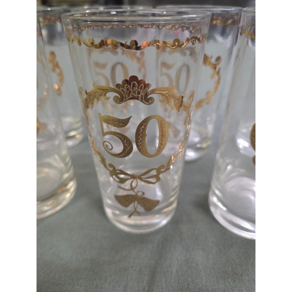 Vintage 50th Anniversary Gold Gilt Highball Glasses Set of 7 Mid Century Modern - Picture 2 of 5